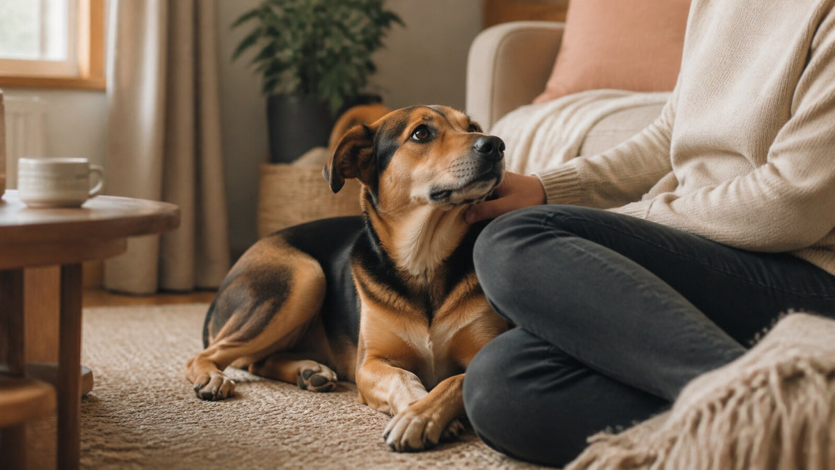 Relaxed dog making soft eye contact while resting beside its owner at home