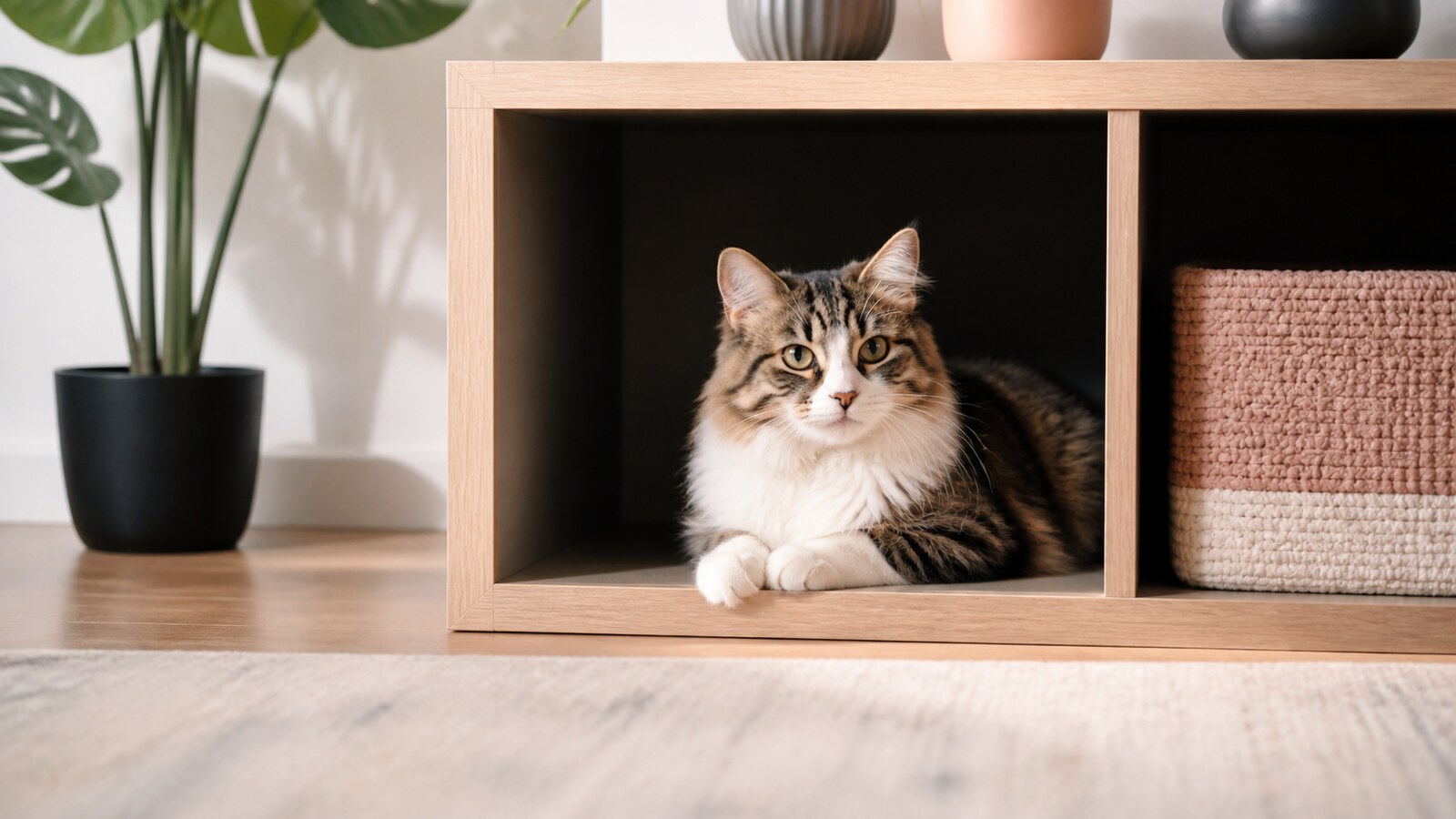 Alert cat resting in a quiet open hiding place with relaxed but watchful posture