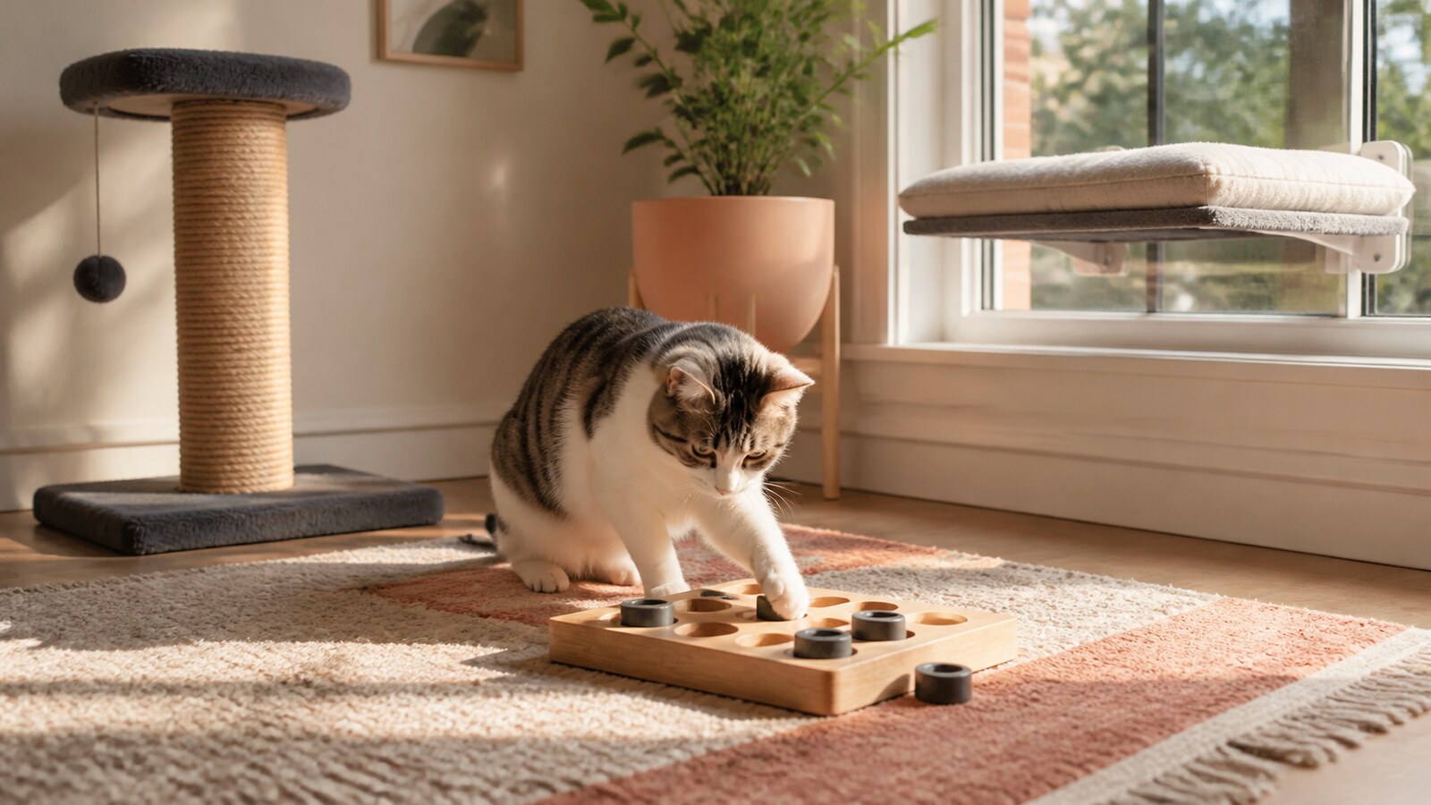 Indoor cat using a puzzle feeder beside a window perch and scratching post