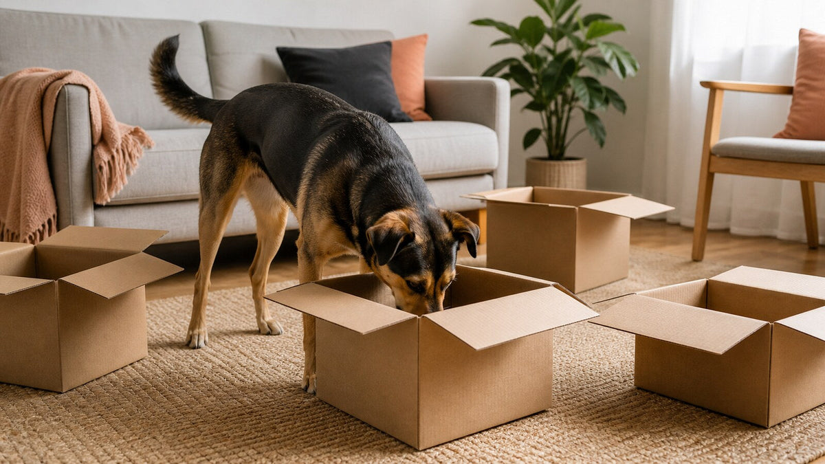 Dog calmly searching for hidden treats in a safe cardboard box sniff game