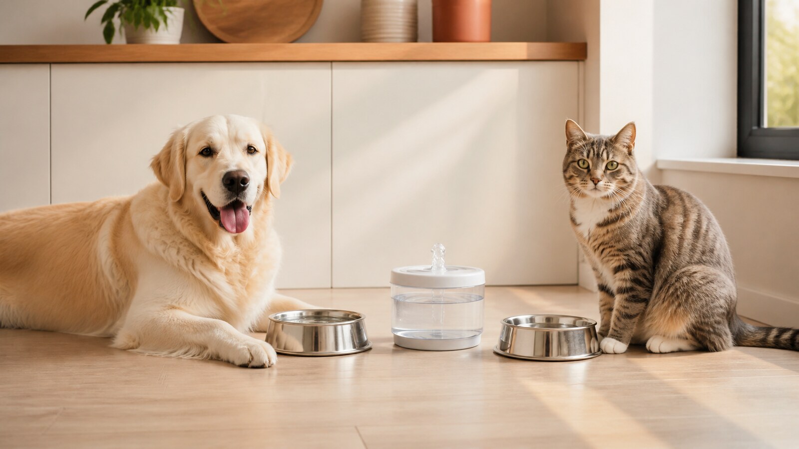 Dog and cat beside clean water bowls and a pet fountain in a calm home