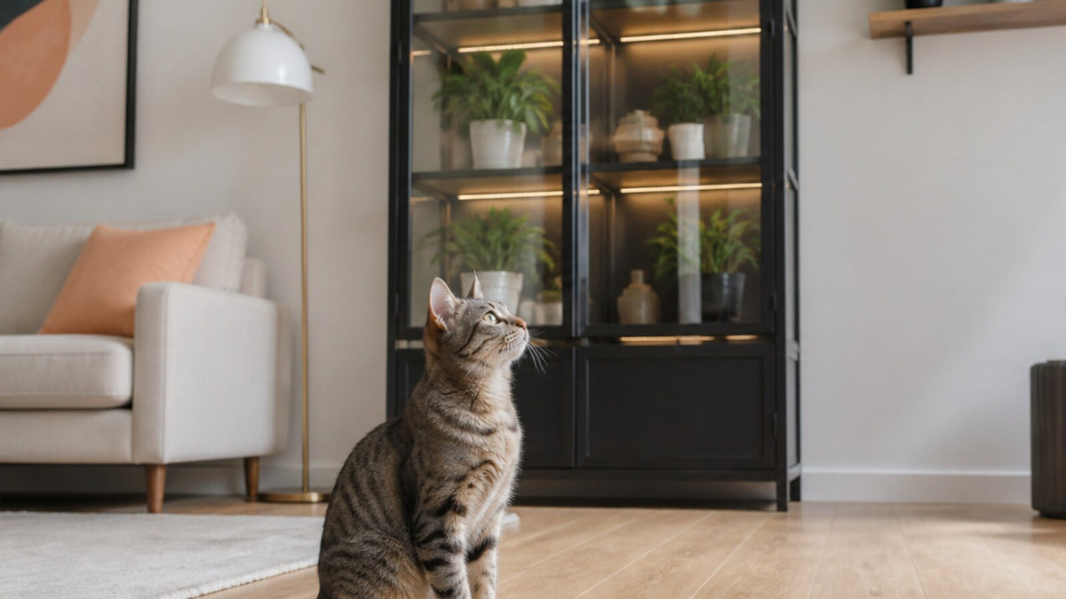 Cat in a bright pet-aware room with elevated non-toxic houseplants out of reach