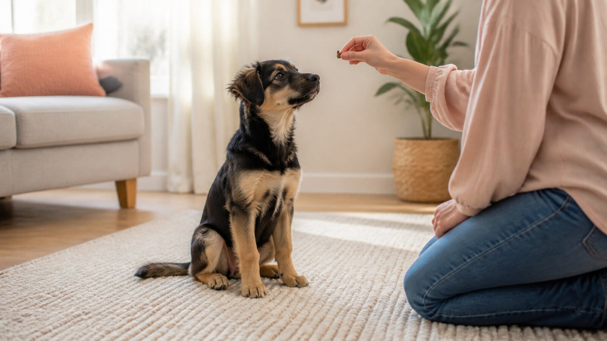 Puppy and owner practicing a calm reward-based training cue in a bright home