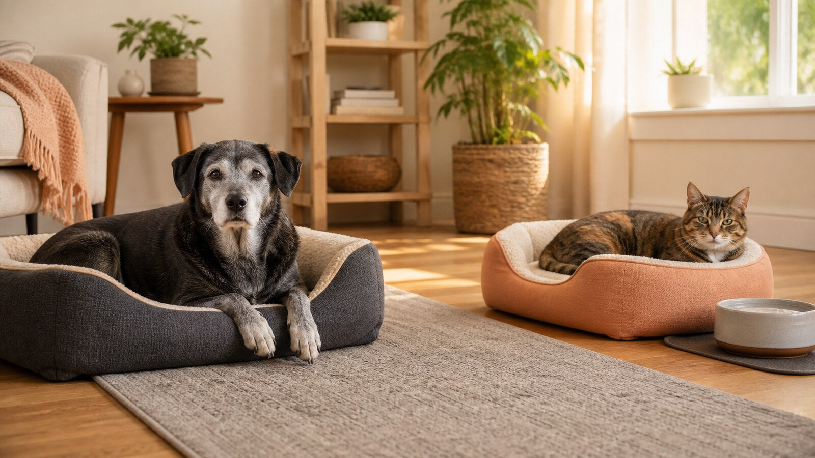 Senior dog and senior cat resting comfortably in an accessible non-slip home space