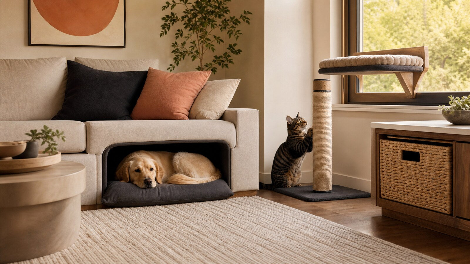 Stylish warm living room with an integrated pet bed scratching post and organized toy storage