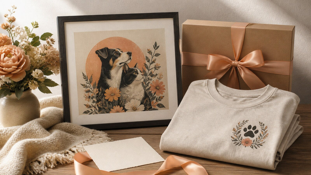 Tasteful pet-themed apparel and wall art arranged in a warm gift-ready setting