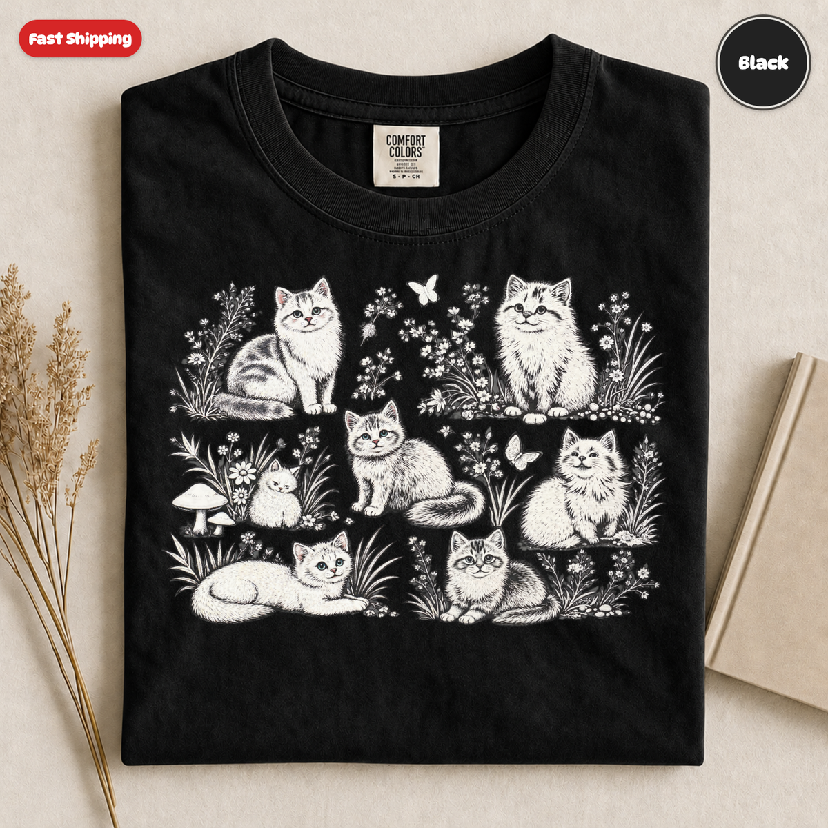 Whimsical Cats Illustration T-Shirt