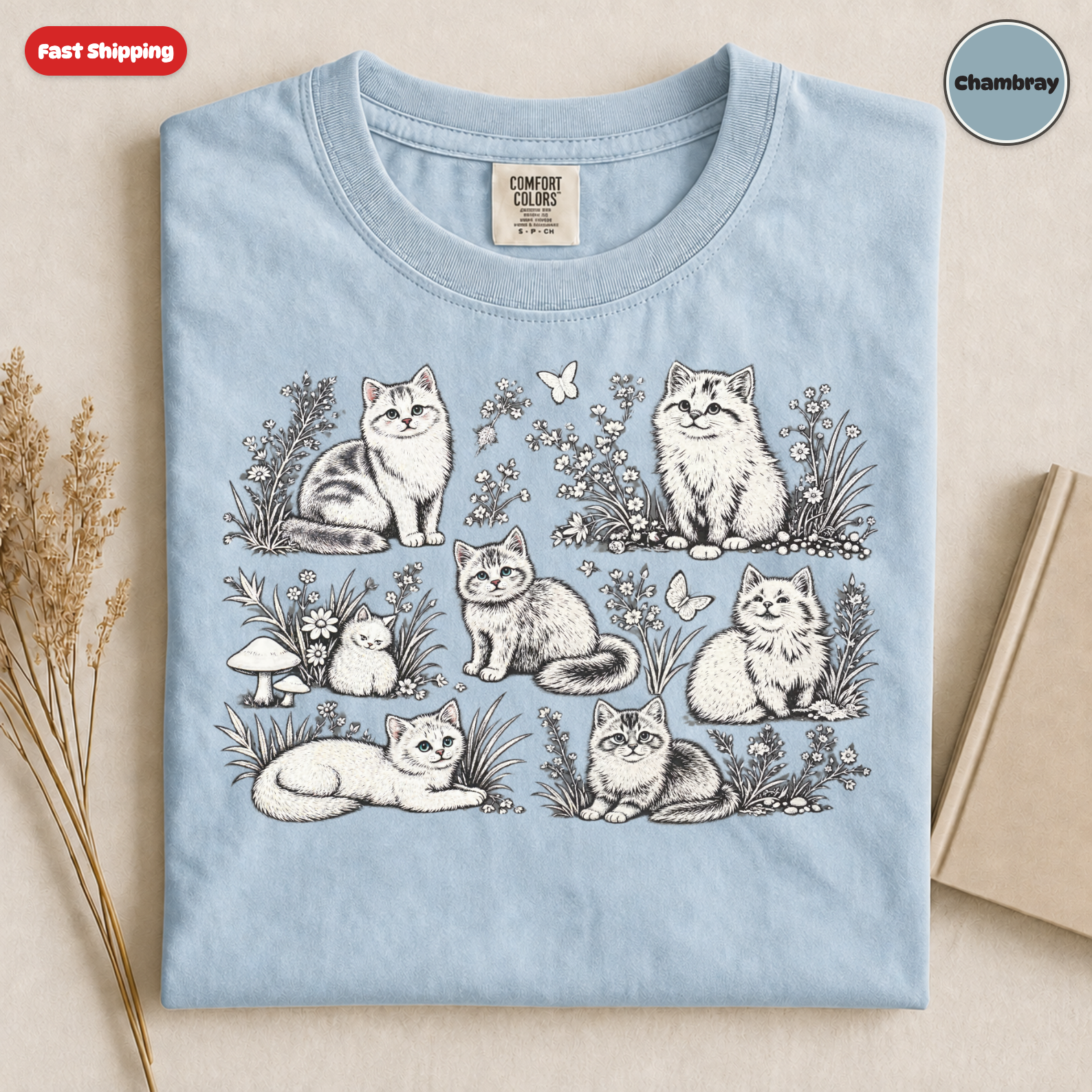 Whimsical Cats Illustration T-Shirt