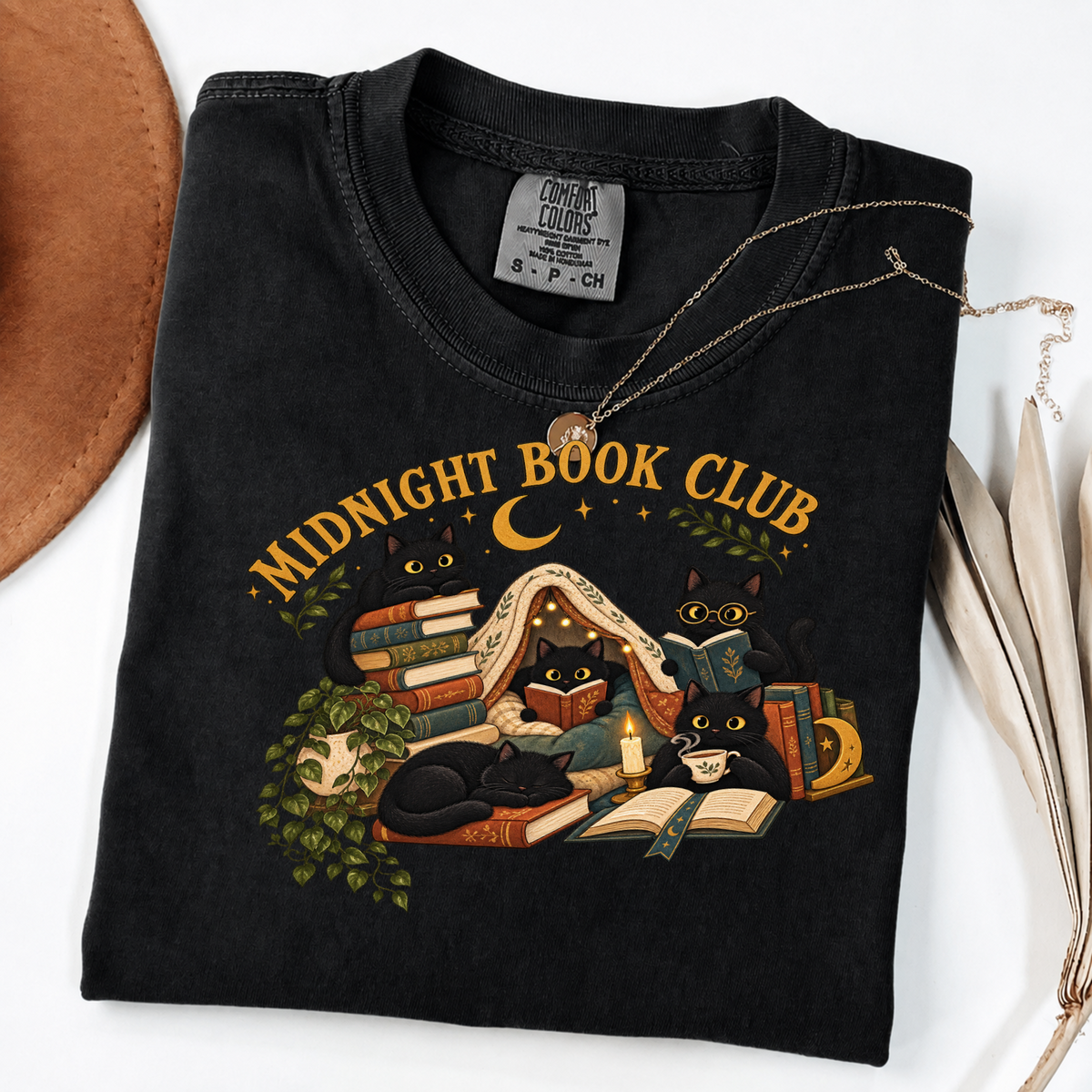 Midnight Book Club Black Cats Cozy Reading Tee