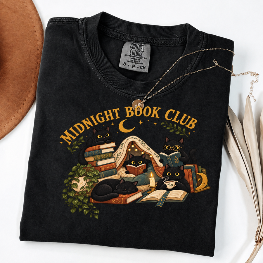 Midnight Book Club Black Cats Cozy Reading Tee
