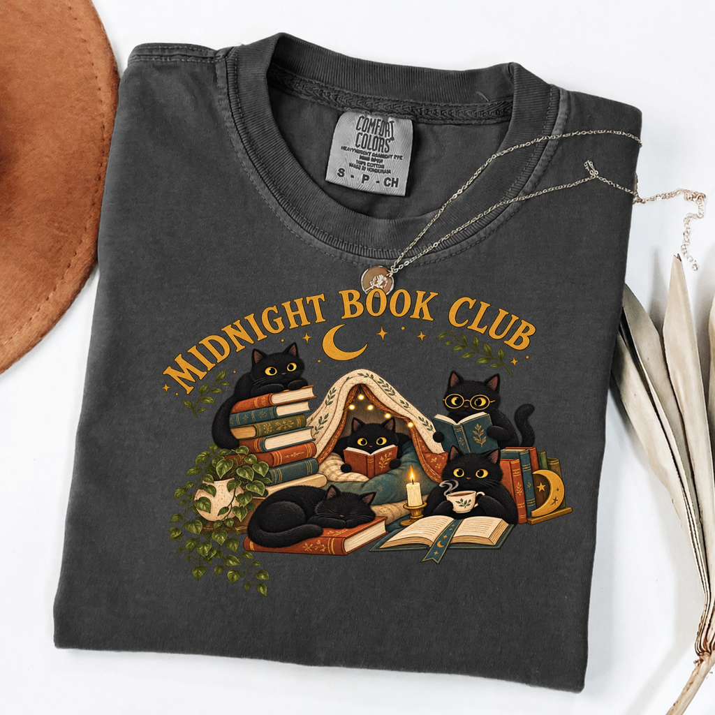 Midnight Book Club Black Cats Cozy Reading Tee