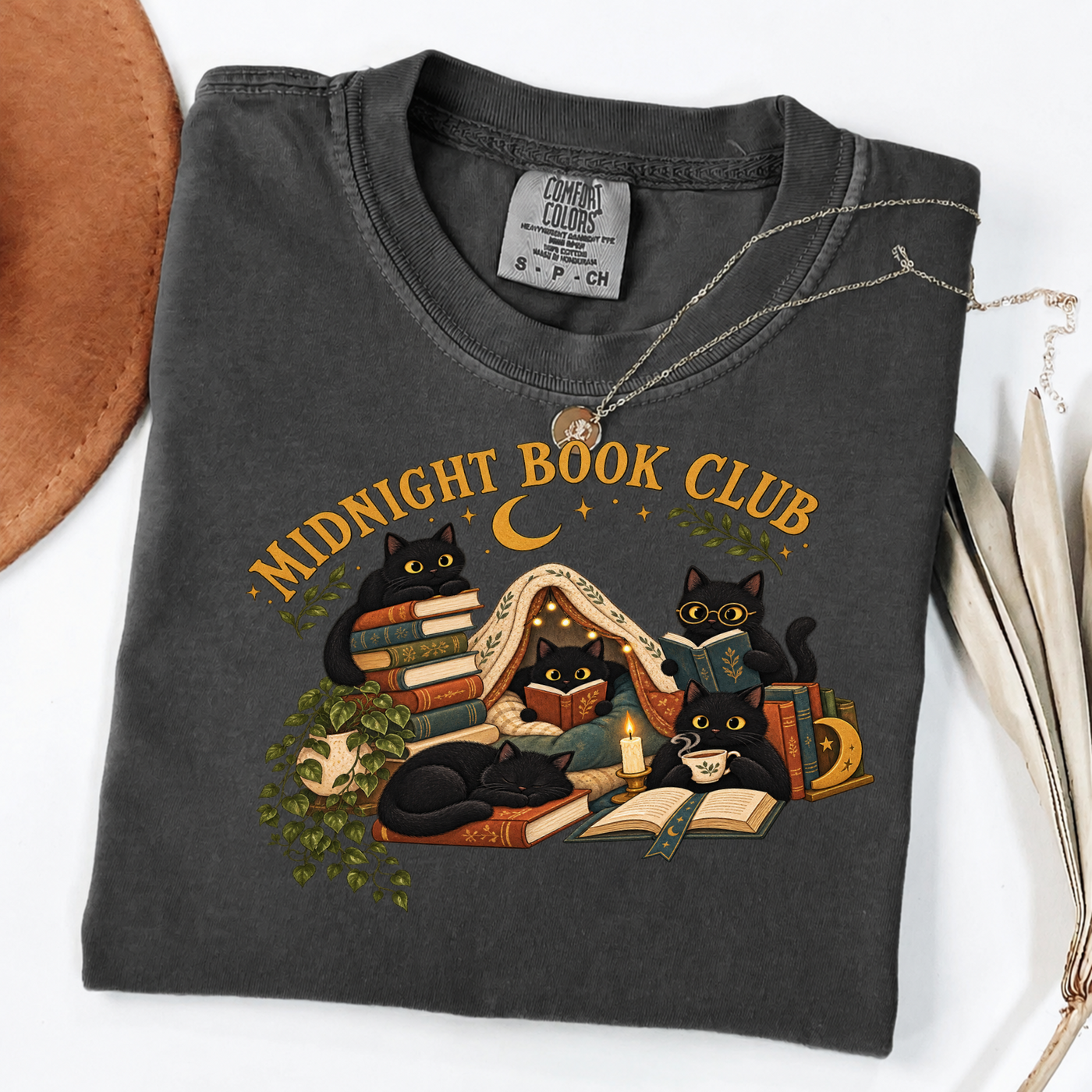 Midnight Book Club Black Cats Cozy Reading Tee