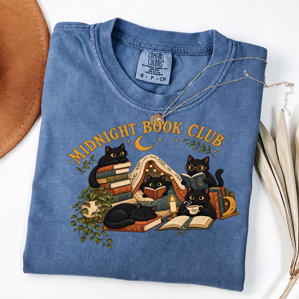Midnight Book Club Black Cats Cozy Reading Tee