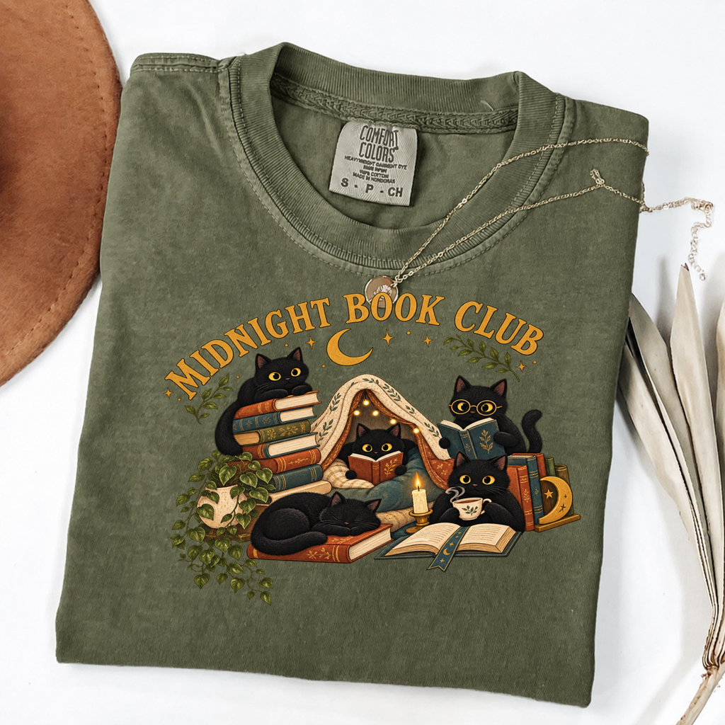Midnight Book Club Black Cats Cozy Reading Tee