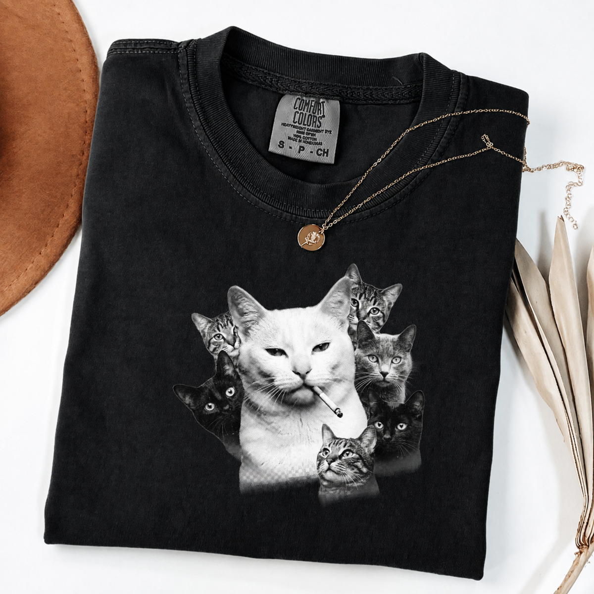 Halftone Cat Graphic Tee - Smoking Cat Art