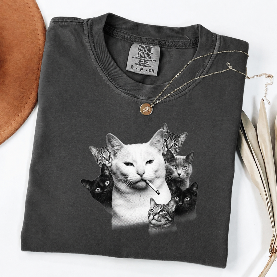 Halftone Cat Graphic Tee - Smoking Cat Art