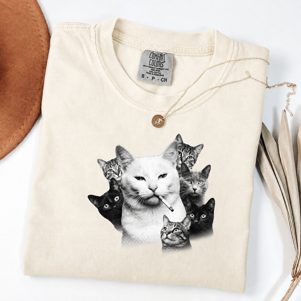 Halftone Cat Graphic Tee - Smoking Cat Art