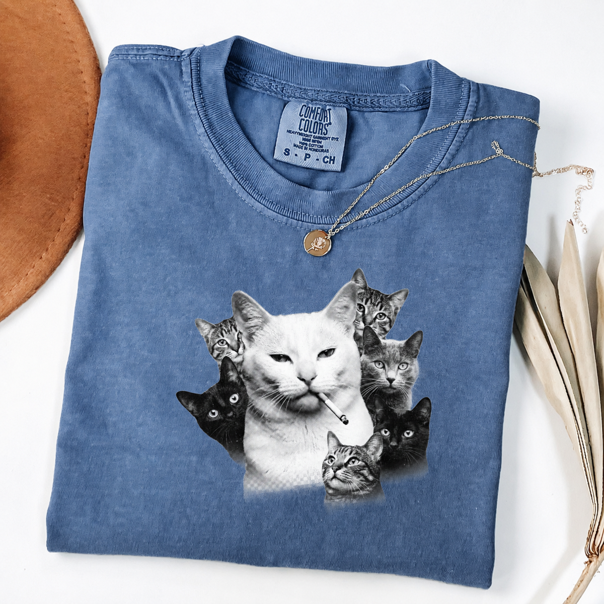Halftone Cat Graphic Tee - Smoking Cat Art