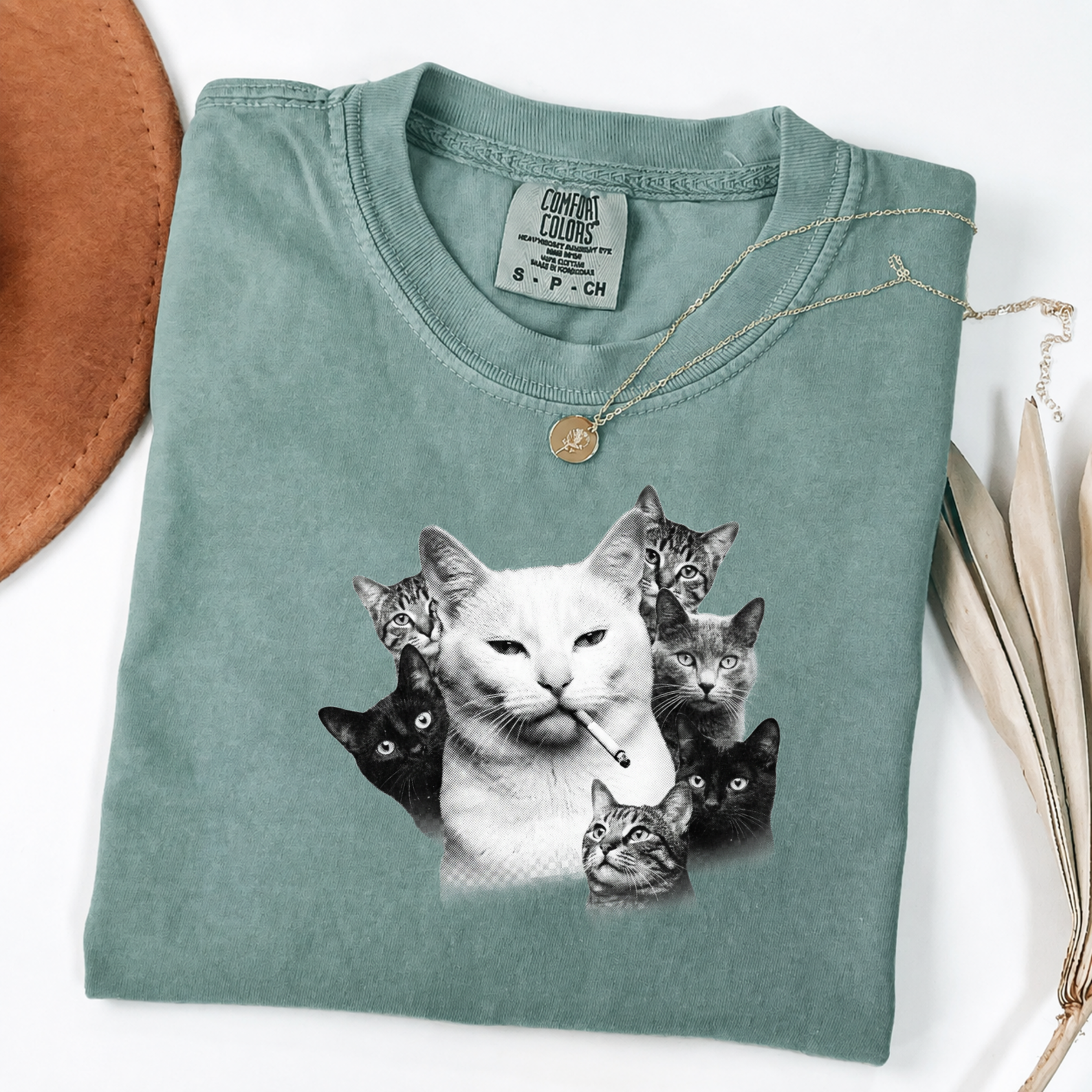 Halftone Cat Graphic Tee - Smoking Cat Art