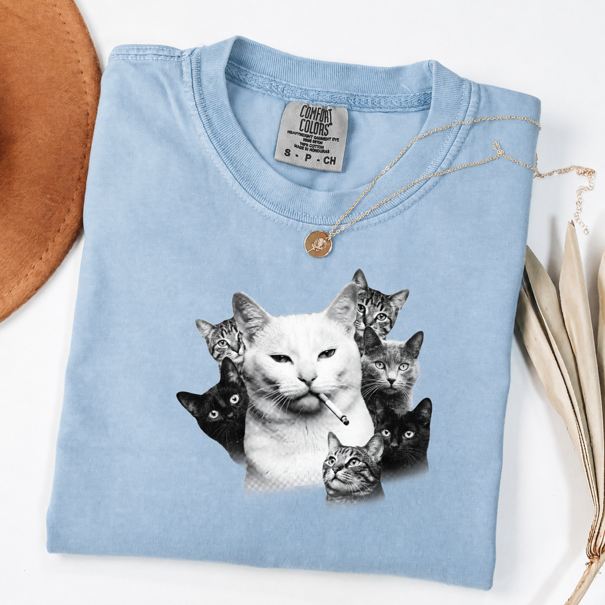 Halftone Cat Graphic Tee - Smoking Cat Art