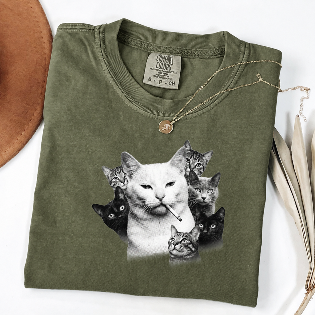 Halftone Cat Graphic Tee - Smoking Cat Art