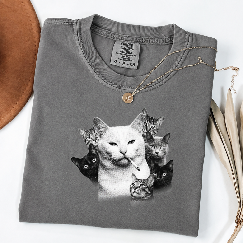 Halftone Cat Graphic Tee - Smoking Cat Art