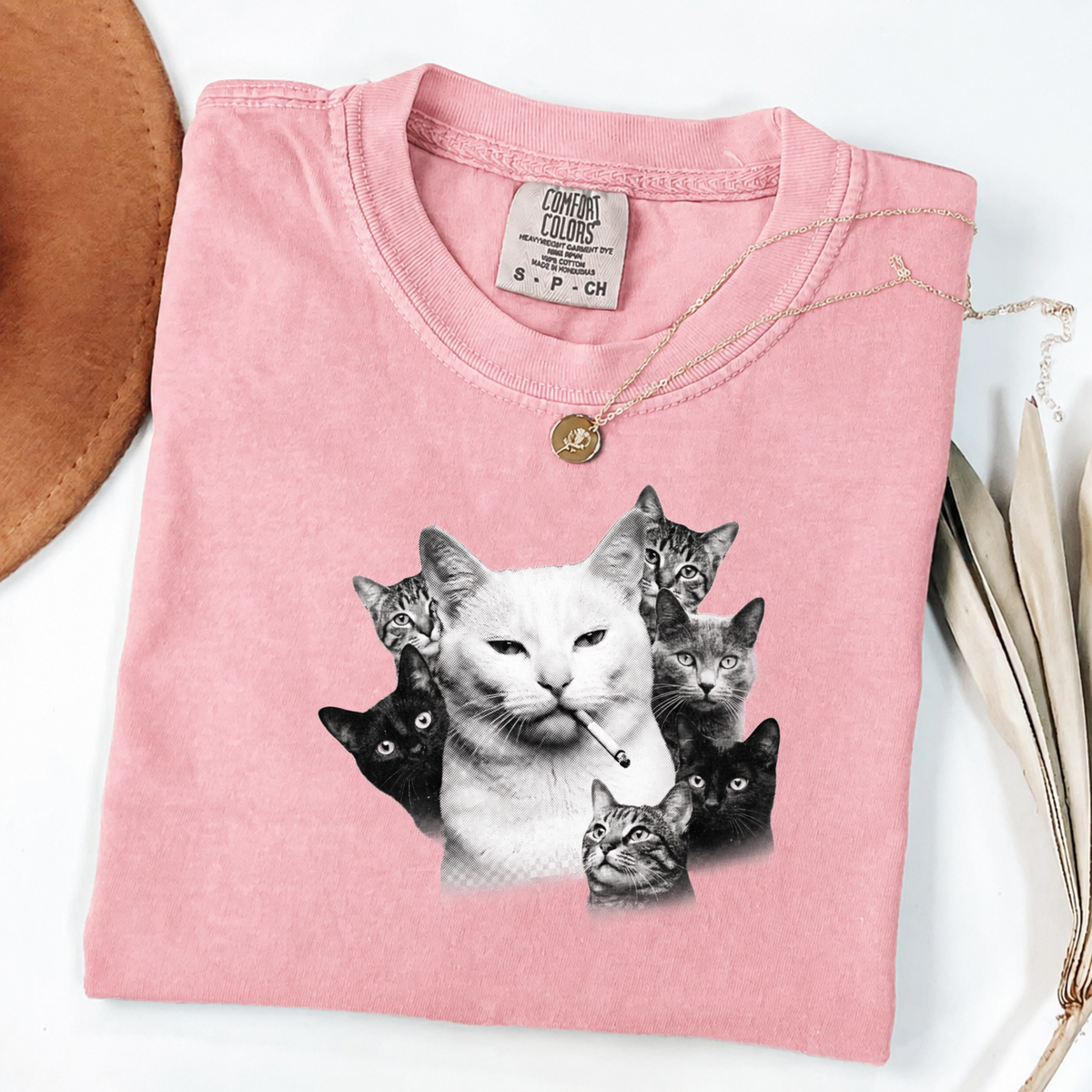 Halftone Cat Graphic Tee - Smoking Cat Art