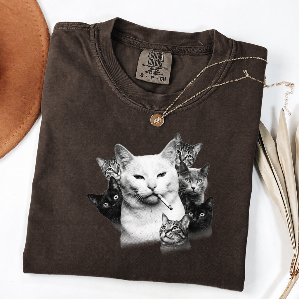 Halftone Cat Graphic Tee - Smoking Cat Art