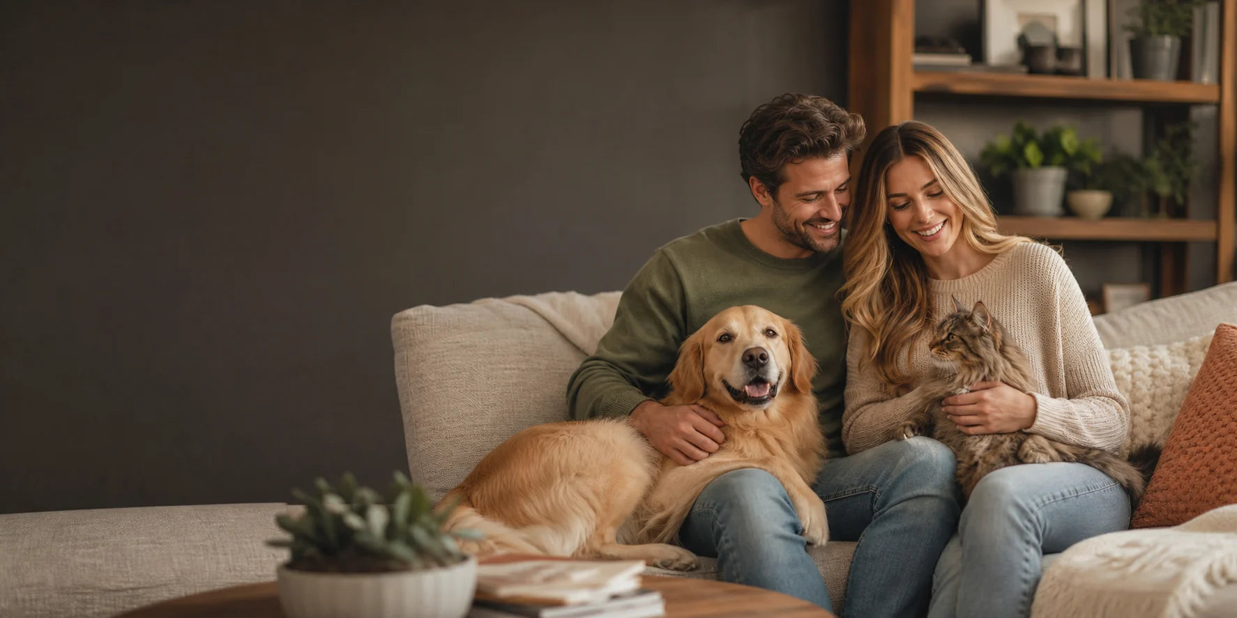 White American man and woman relaxing at home with their golden retriever and cat